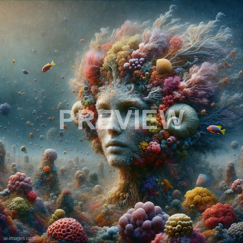 The image depicts a surreal underwater scene featuring the face of a person, possibly a woman, with an intricate and vibrant arrangement of coral, seaweed, and marine life forming a headdress around her head. Small fish swim around her, adding to the oceanic atmosphere, while the coral and marine elements are rendered in a variety of bright, pastel colors, creating a dreamlike and fantastical composition. The person's face has a calm, contemplative expression, blending seamlessly with the vivid marine environment.